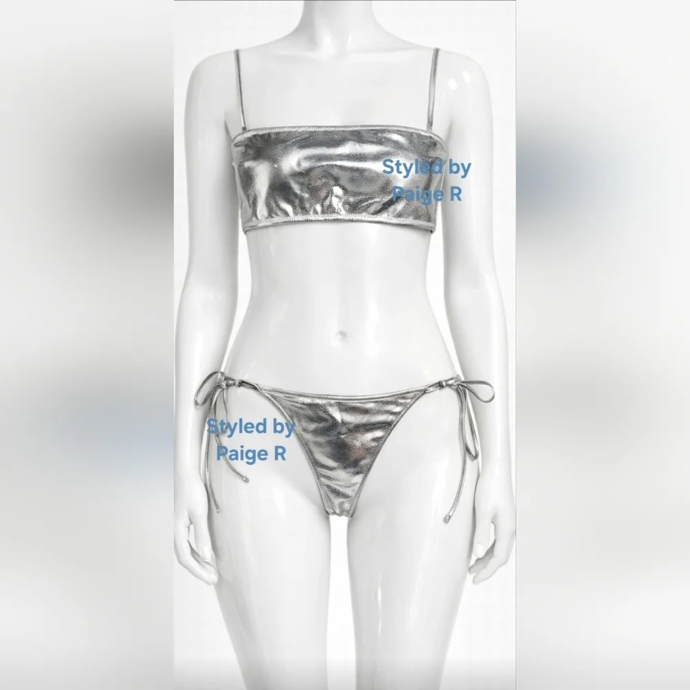 ❤️NWT SKIMS 2 Pc Swim Metallic Nickel Bandeau top Dippy tie Bikini Set CARBON 2X